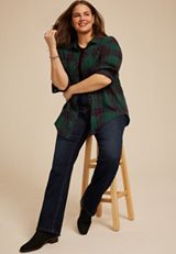 Plus Size Plush Knit Plaid Boyfriend Button Down Shirt, C3918, small