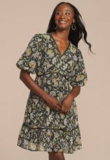 Floral Bubble Sleeve Mini Dress, C2286, small