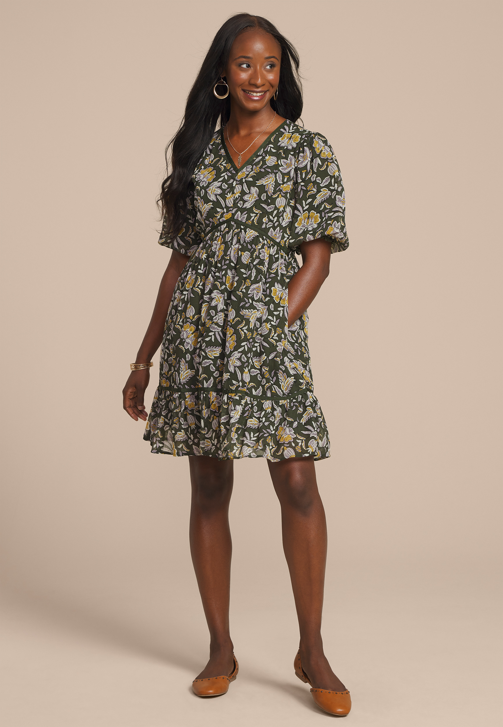 Floral Bubble Sleeve Mini Dress, C2286, large