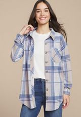 Plush Knit Blue Plaid Boyfriend Button Down Shirt, C1772, small