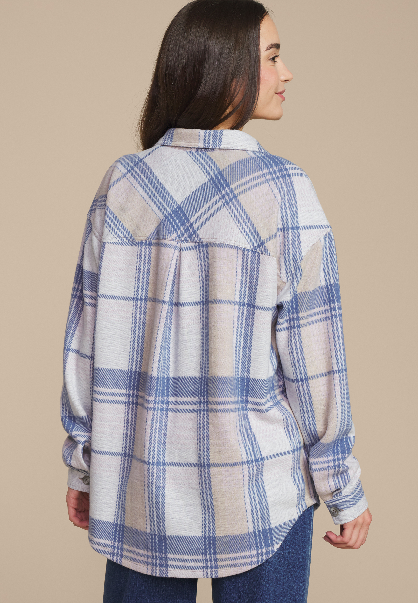 Plush Knit Blue Plaid Boyfriend Button Down Shirt, C1772, large