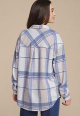 Plush Knit Blue Plaid Boyfriend Button Down Shirt, C1772, small