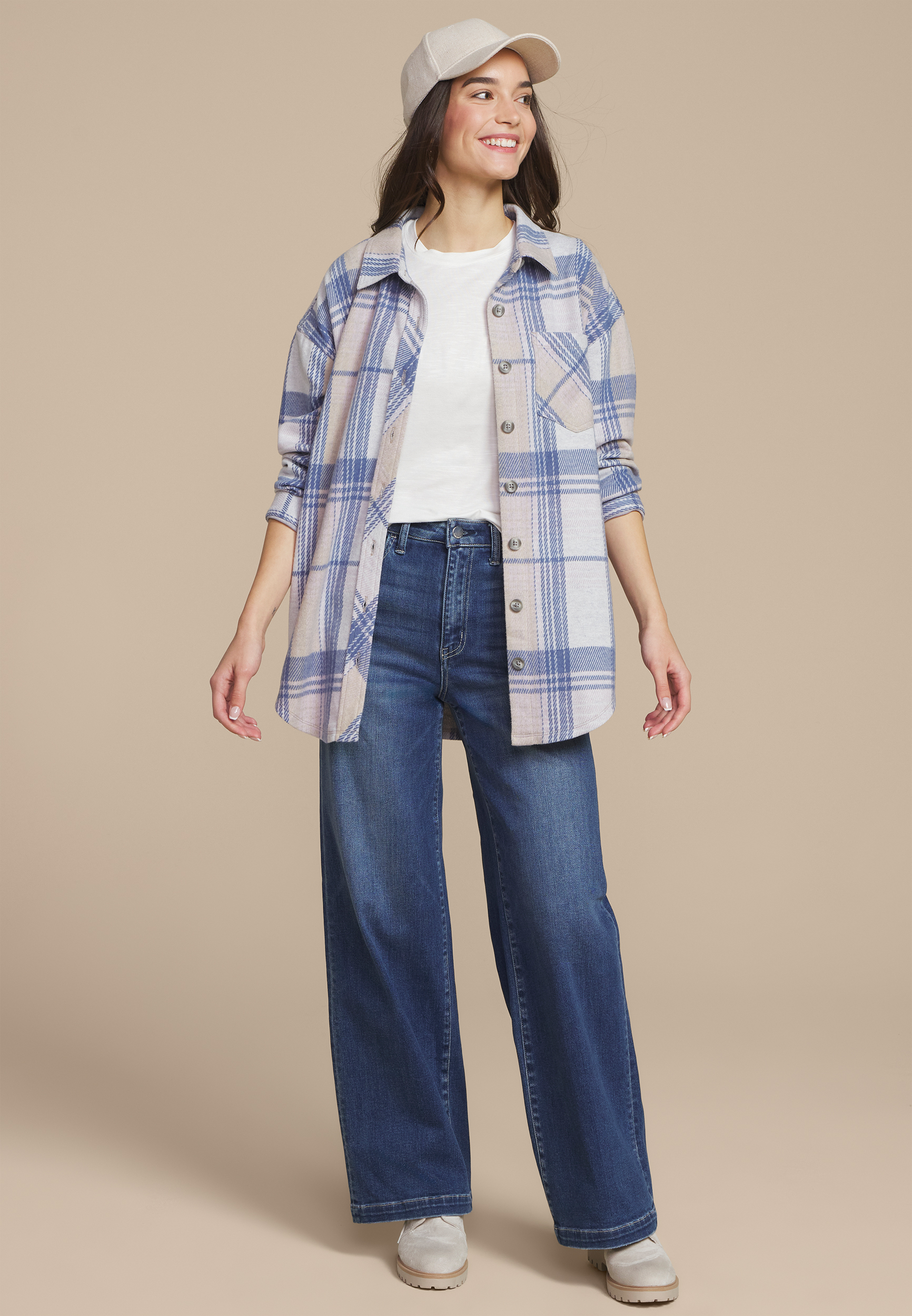 Plush Knit Blue Plaid Boyfriend Button Down Shirt, C1772, large