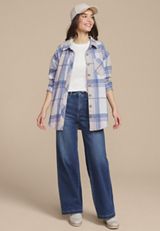 Plush Knit Blue Plaid Boyfriend Button Down Shirt, C1772, small