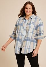 Plus Size Plush Knit Blue Plaid Boyfriend Button Down Shirt, BLUE COMBO, small
