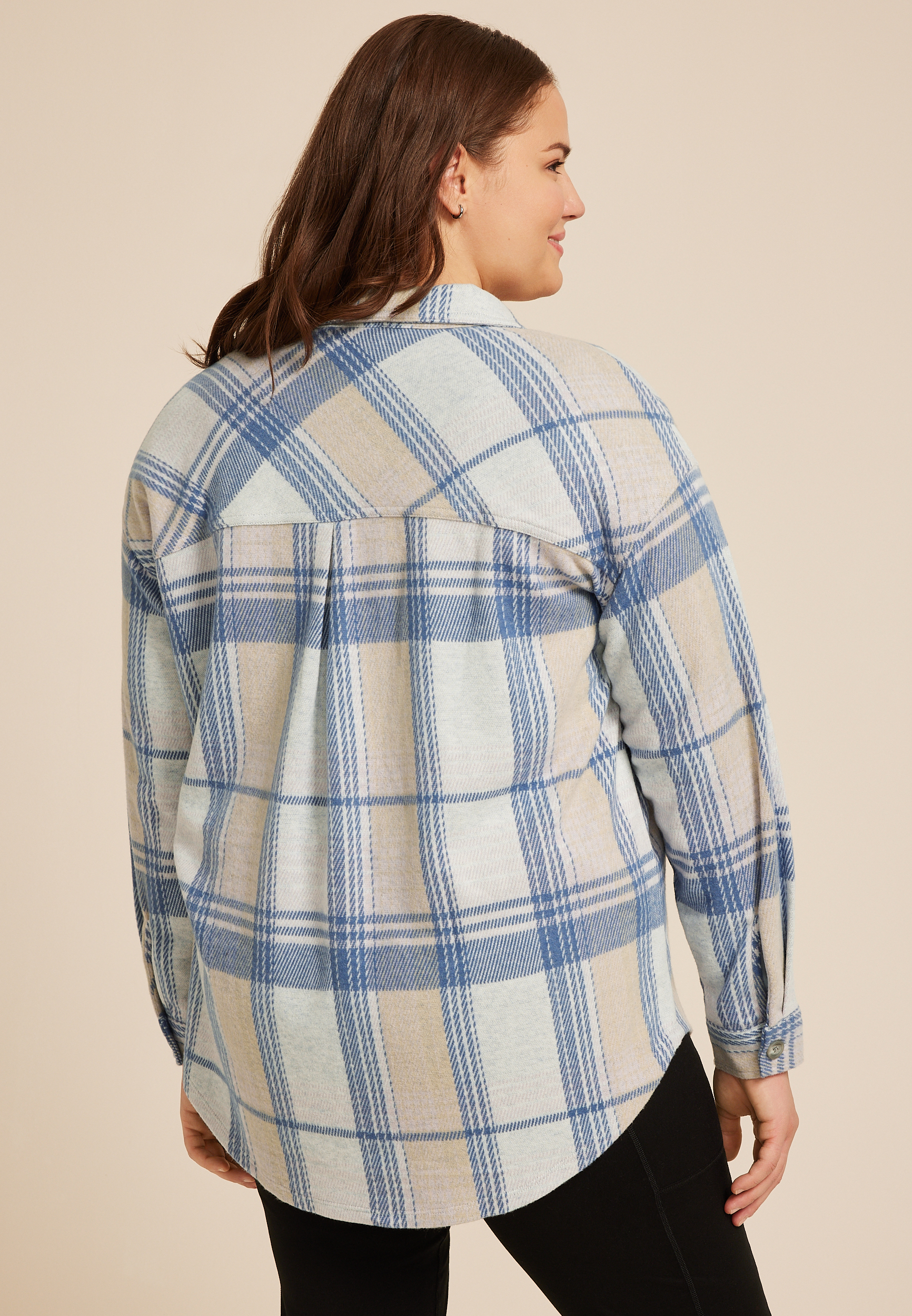 Plus Size Plush Knit Blue Plaid Boyfriend Button Down Shirt, BLUE COMBO, large