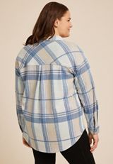 Plus Size Plush Knit Blue Plaid Boyfriend Button Down Shirt, BLUE COMBO, small