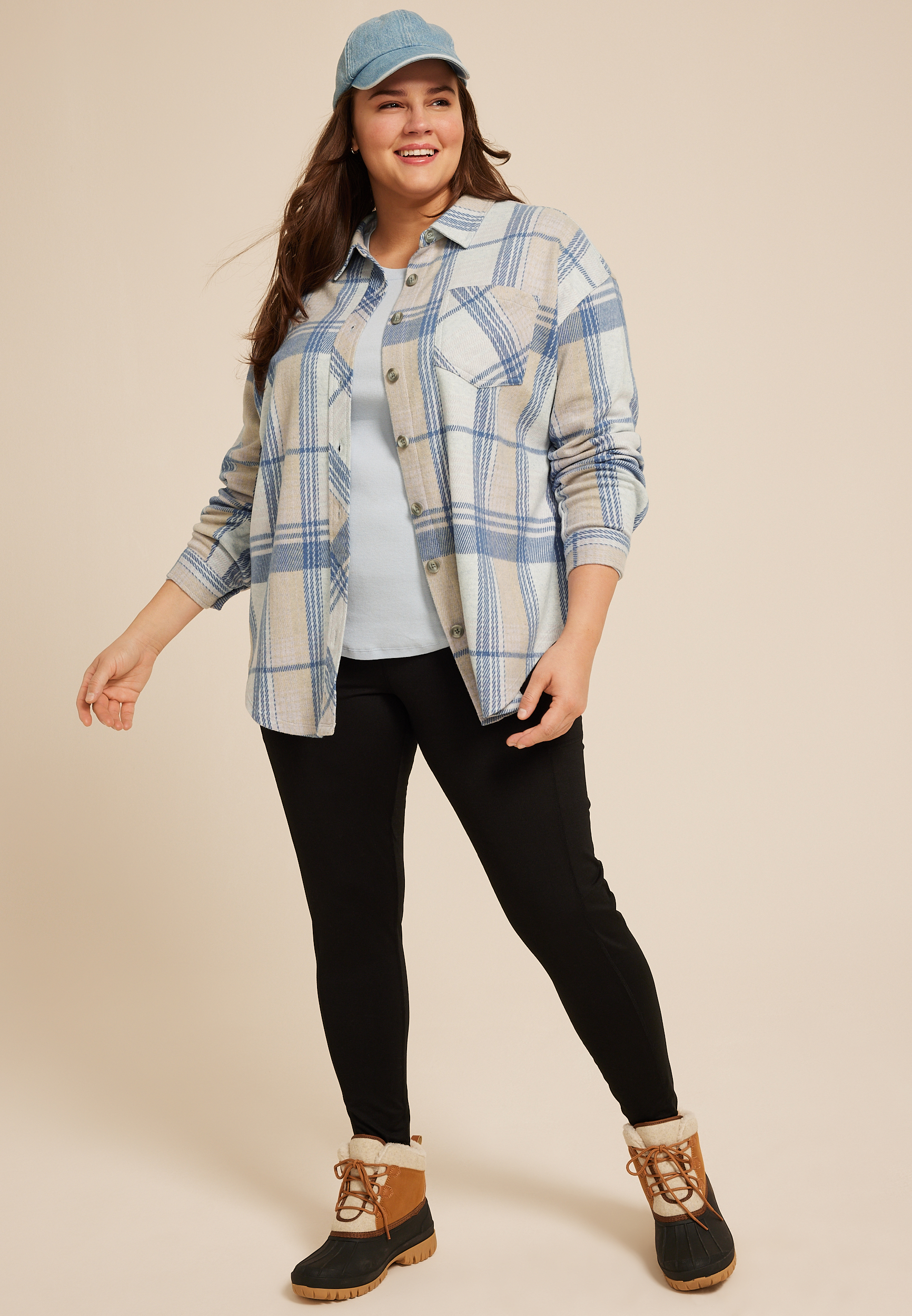 Plus Size Plush Knit Blue Plaid Boyfriend Button Down Shirt, BLUE COMBO, large