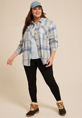 Plus Size Plush Knit Blue Plaid Boyfriend Button Down Shirt, BLUE COMBO, small