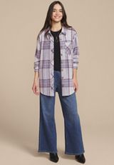 Plush Knit Purple Plaid Boyfriend Button Down Shirt, C1524, small
