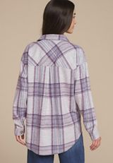 Plush Knit Purple Plaid Boyfriend Button Down Shirt, C1524, small