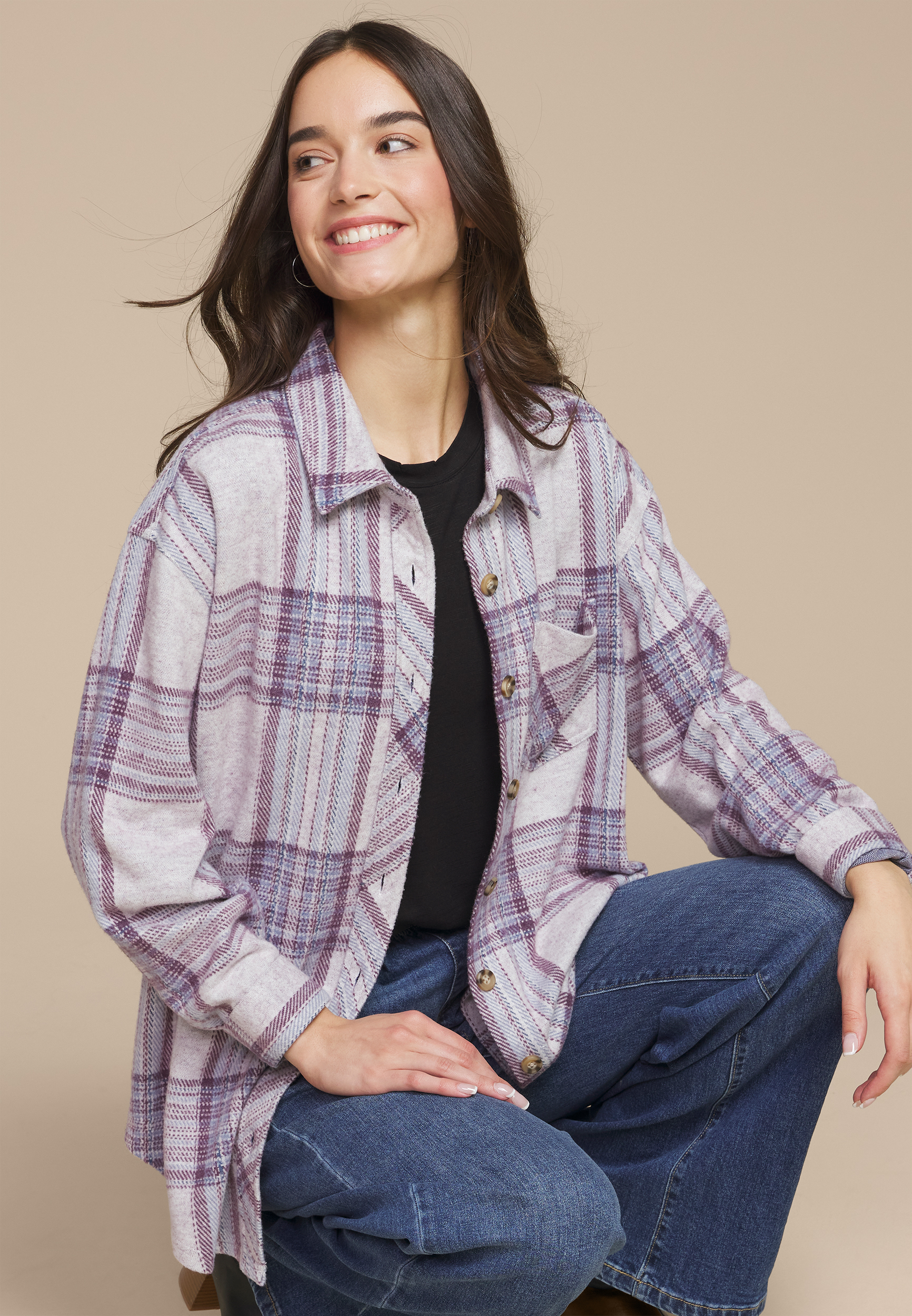 Plush Knit Purple Plaid Boyfriend Button Down Shirt