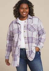 Plus Size Plush Knit Purple Plaid Boyfriend Button Down Shirt, C1524, small