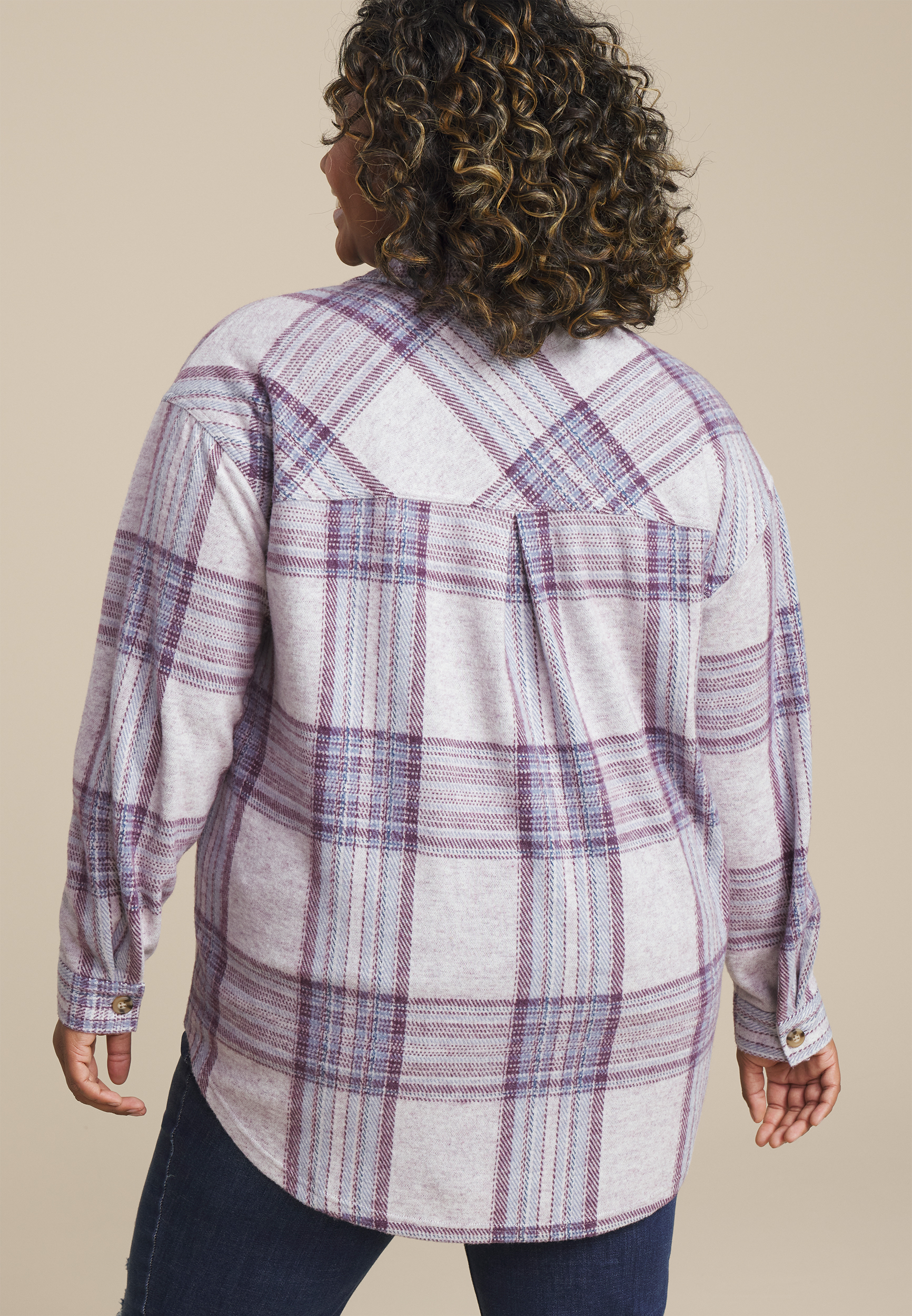Plus Size Plush Knit Purple Plaid Boyfriend Button Down Shirt, C1524, large