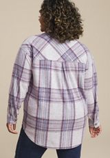 Plus Size Plush Knit Purple Plaid Boyfriend Button Down Shirt, C1524, small