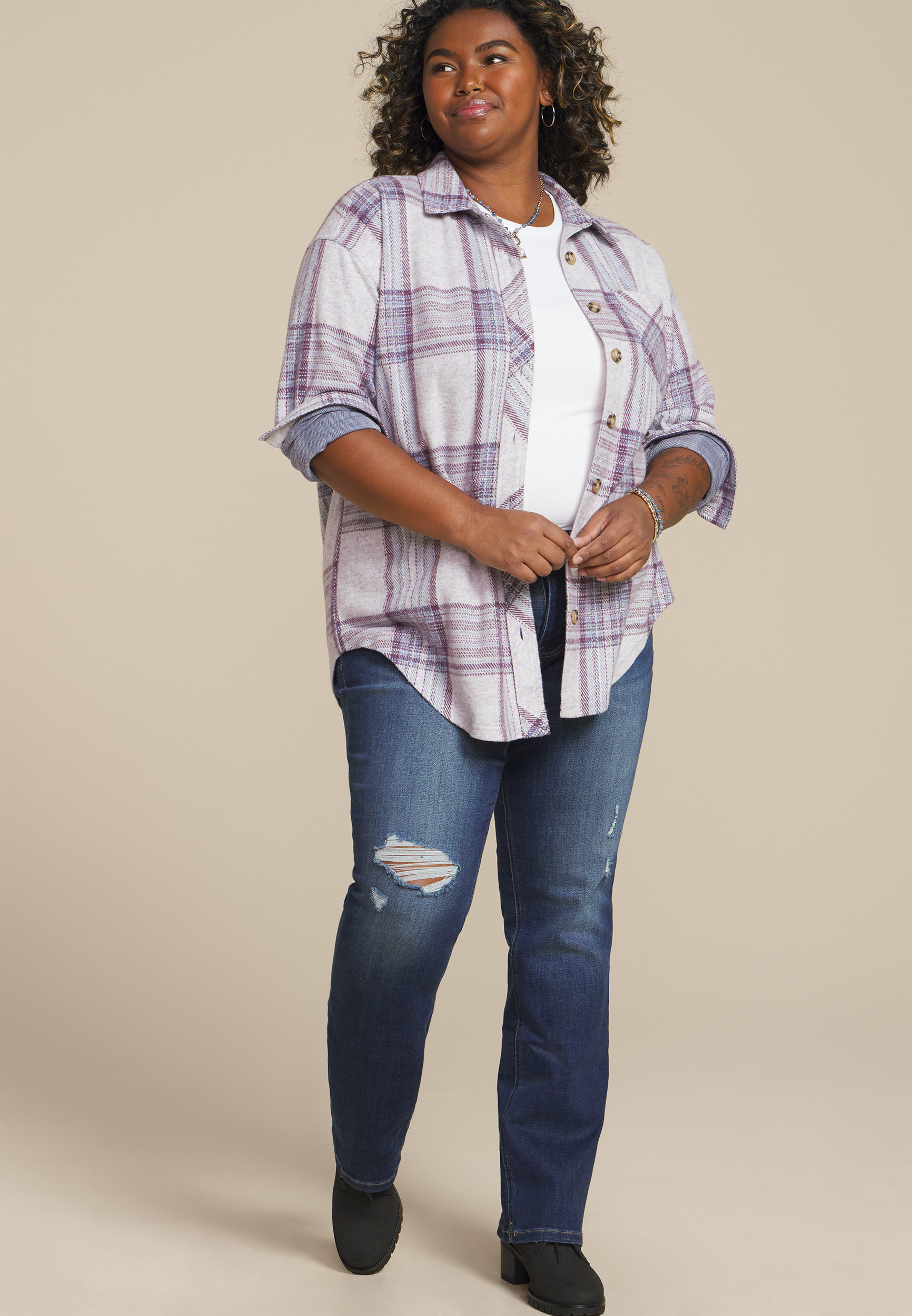 Plus Size Plush Knit Purple Plaid Boyfriend Button Down Shirt, C1524, large