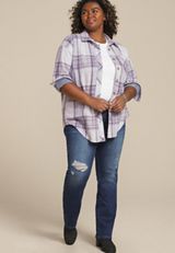 Plus Size Plush Knit Purple Plaid Boyfriend Button Down Shirt, C1524, small
