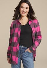 Plush Knit Buffalo Plaid Boyfriend Button Down Shirt, PINK COMBO, small