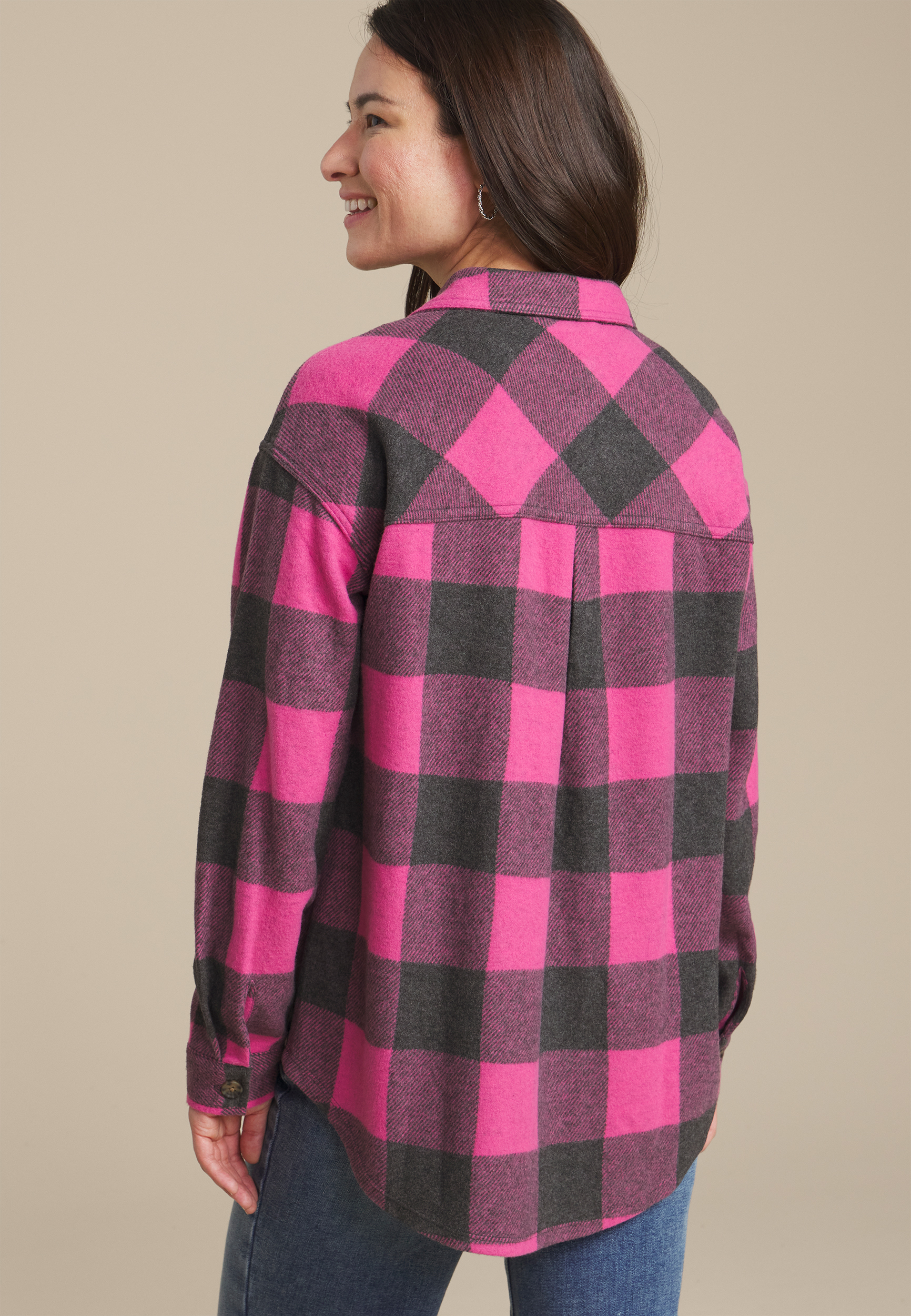Plush Knit Buffalo Plaid Boyfriend Button Down Shirt, PINK COMBO, large
