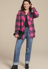 Plush Knit Buffalo Plaid Boyfriend Button Down Shirt, PINK COMBO, small