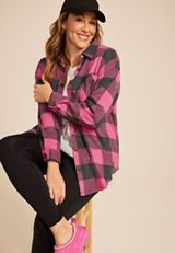 Plus Size Plush Knit Buffalo Plaid Boyfriend Button Down Shirt, C4731, small