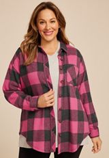 Plus Size Plush Knit Buffalo Plaid Boyfriend Button Down Shirt, C4731, small