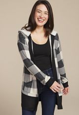 Buffalo Plaid Sherpa Lined Hood Cardigan, , small