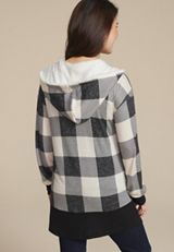 Buffalo Plaid Sherpa Lined Hood Cardigan, , small