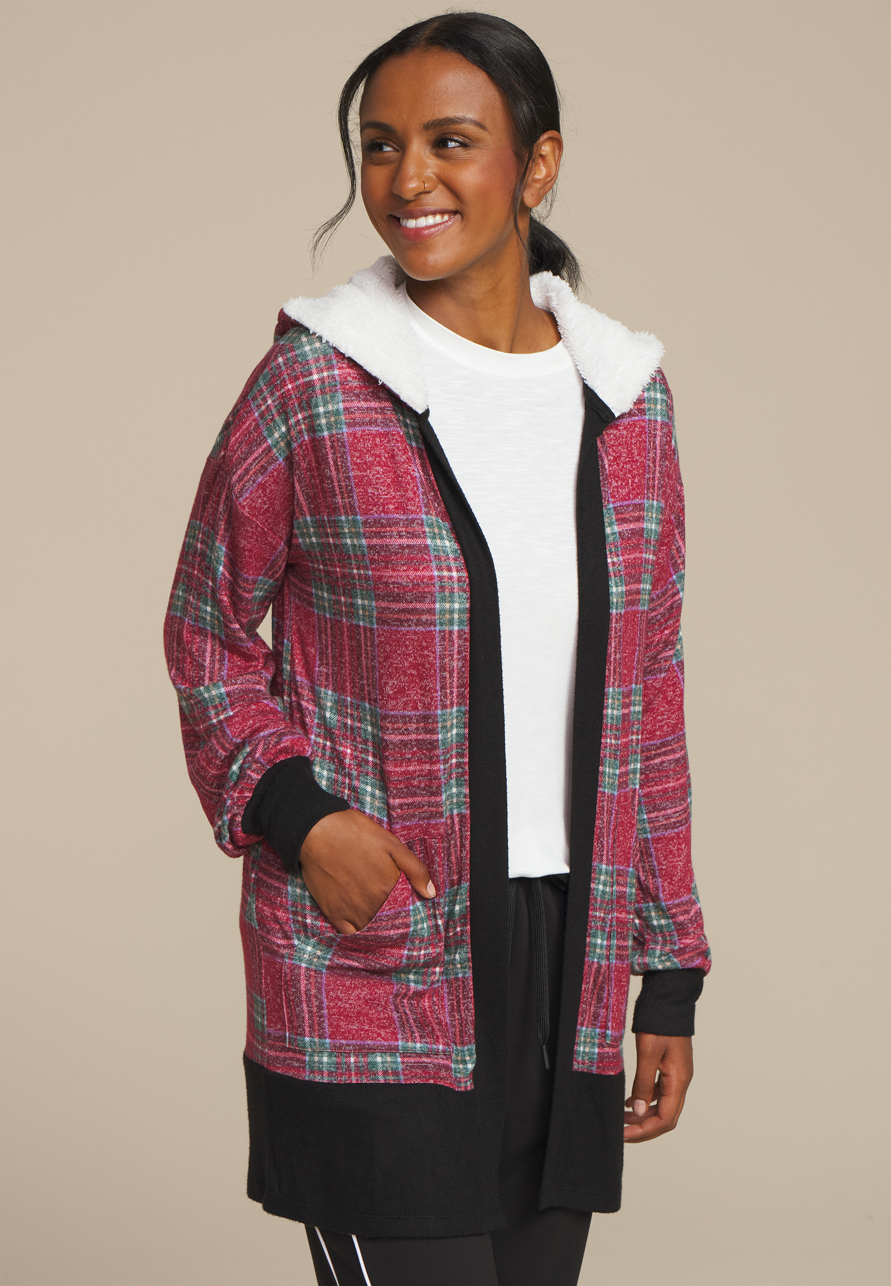 Buffalo Plaid Sherpa Lined Hood Cardigan
