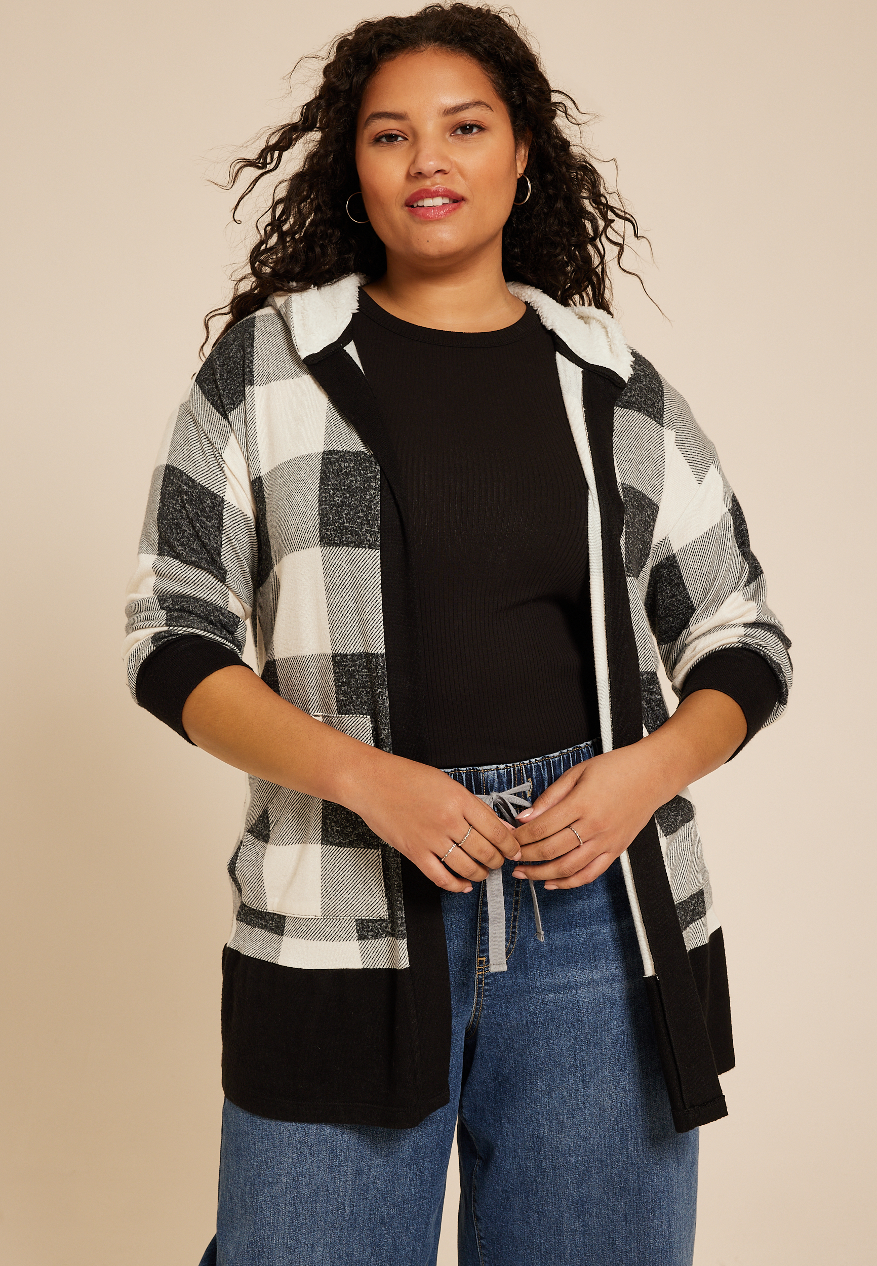 Plus Size Buffalo Plaid Sherpa Lined Hood Cardigan