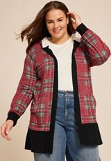 Plus Size Buffalo Plaid Sherpa Lined Hood Cardigan, , small