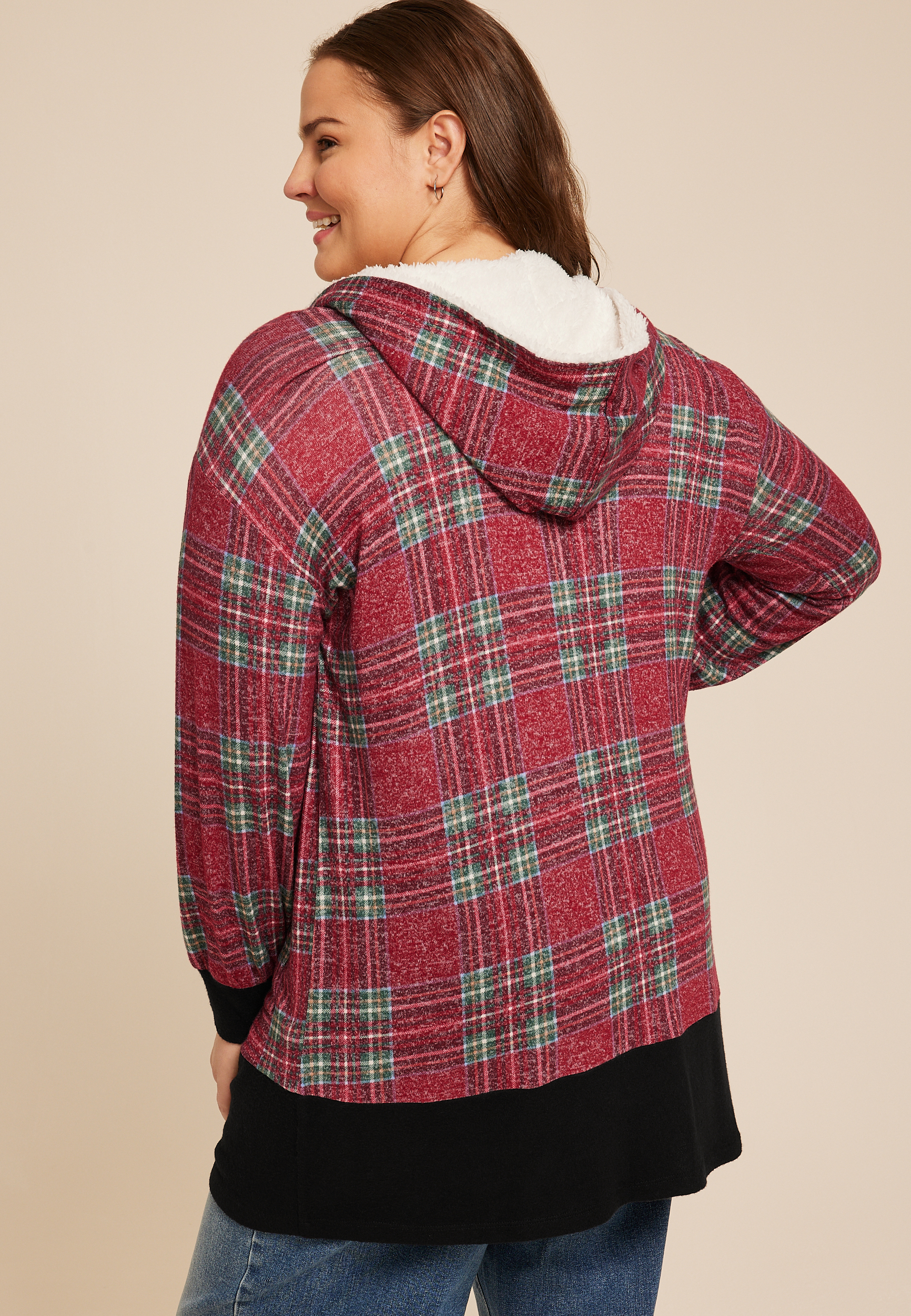 Plus Size Buffalo Plaid Sherpa Lined Hood Cardigan, , large