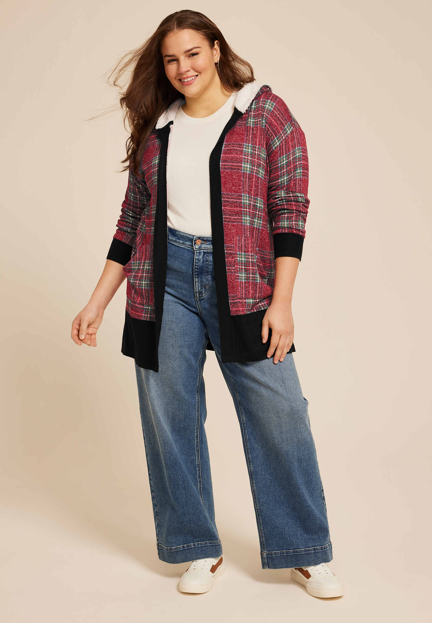 Plus Size Buffalo Plaid Sherpa Lined Hood Cardigan, , large