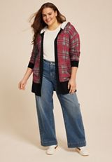 Plus Size Buffalo Plaid Sherpa Lined Hood Cardigan, , small