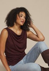 Lace Shirred Cowl Neck Tank Top, BURGUNDY, small