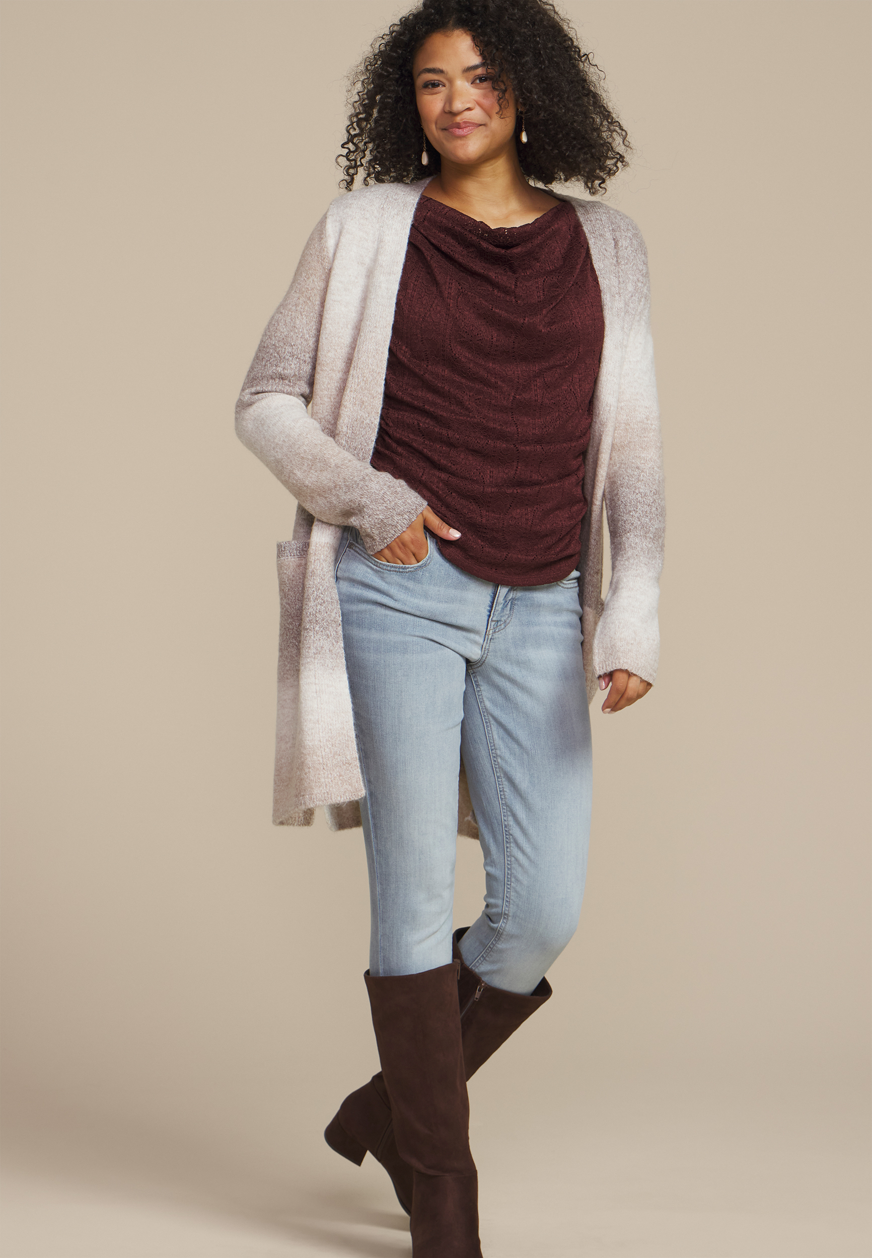 Lace Shirred Cowl Neck Tank Top, BURGUNDY, large