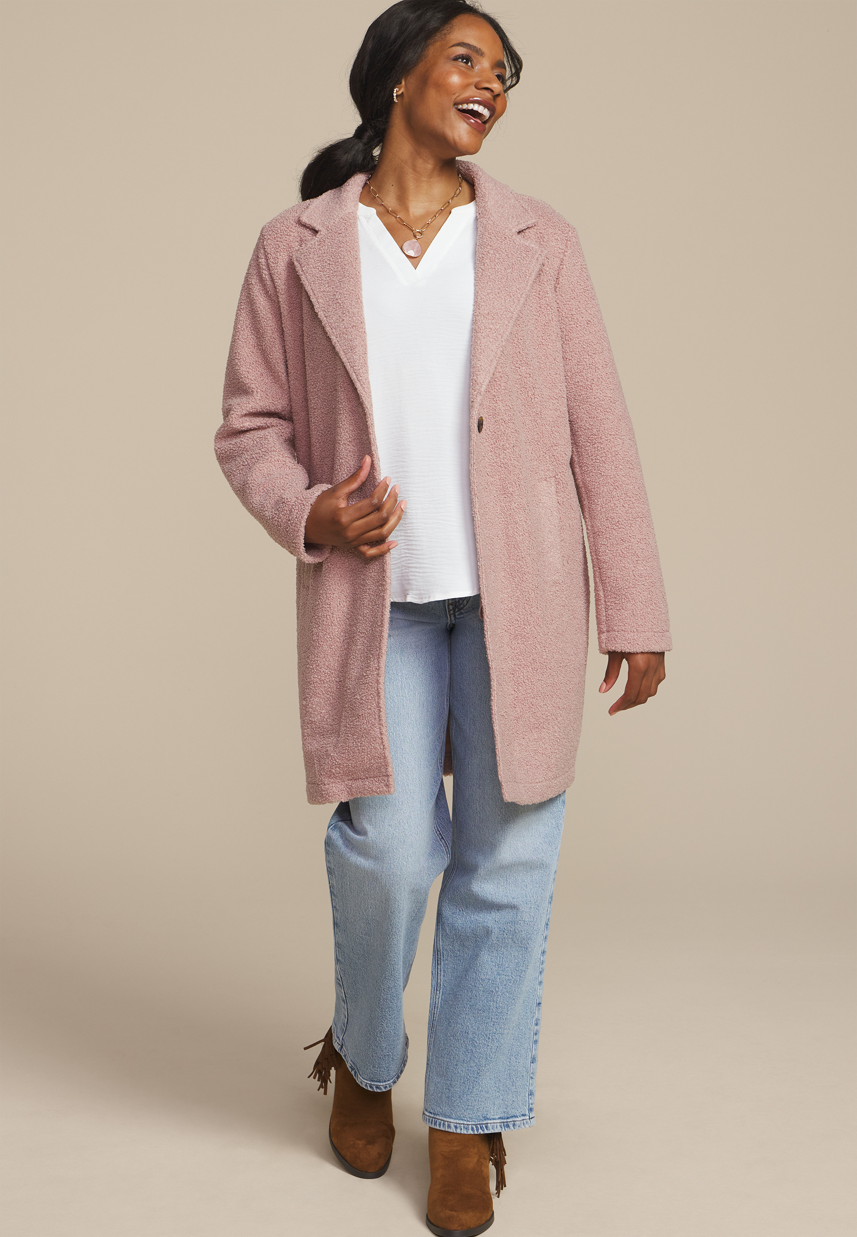 Curly Sherpa Single Button Dress Coat, , large
