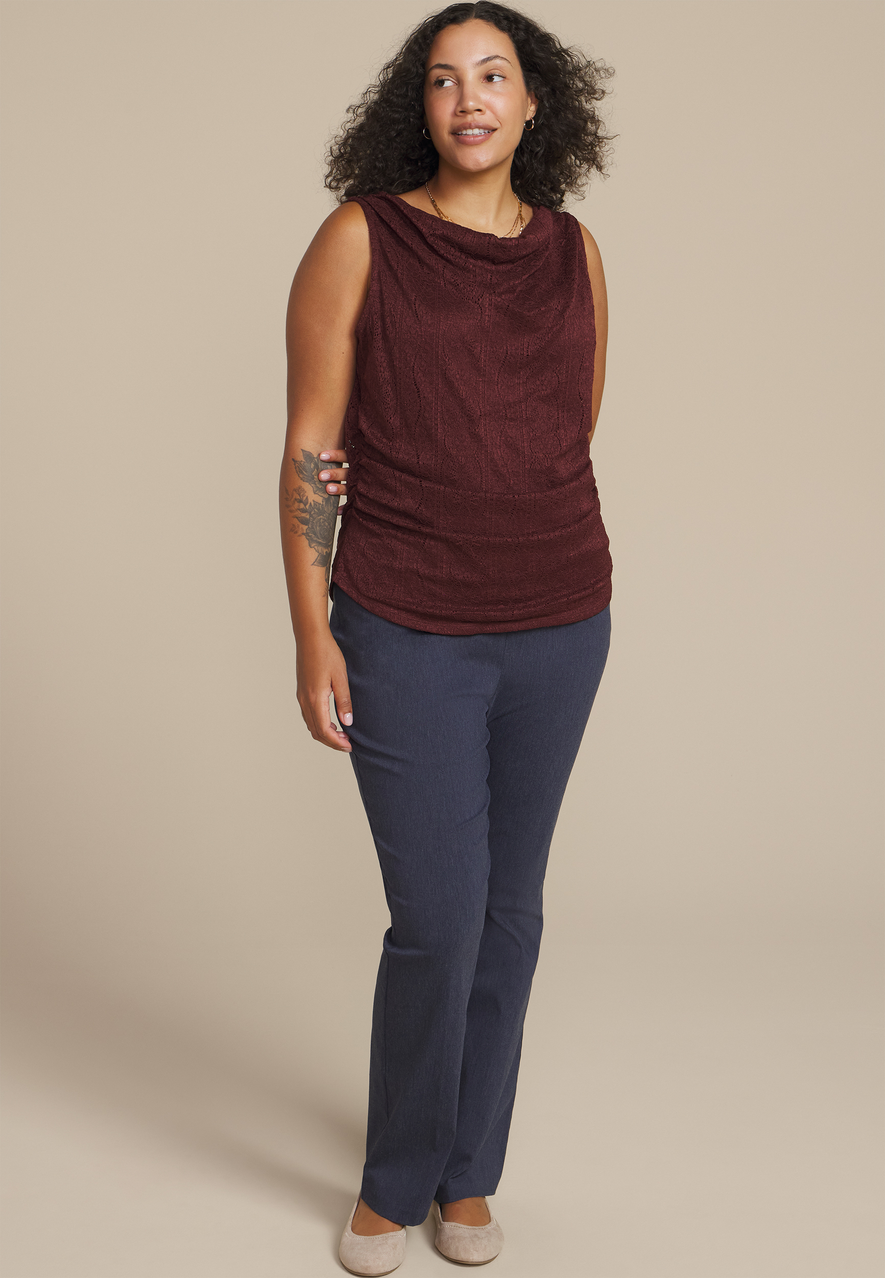 Plus Size Lace Shirred Cowl Neck Tank Top, C830, large