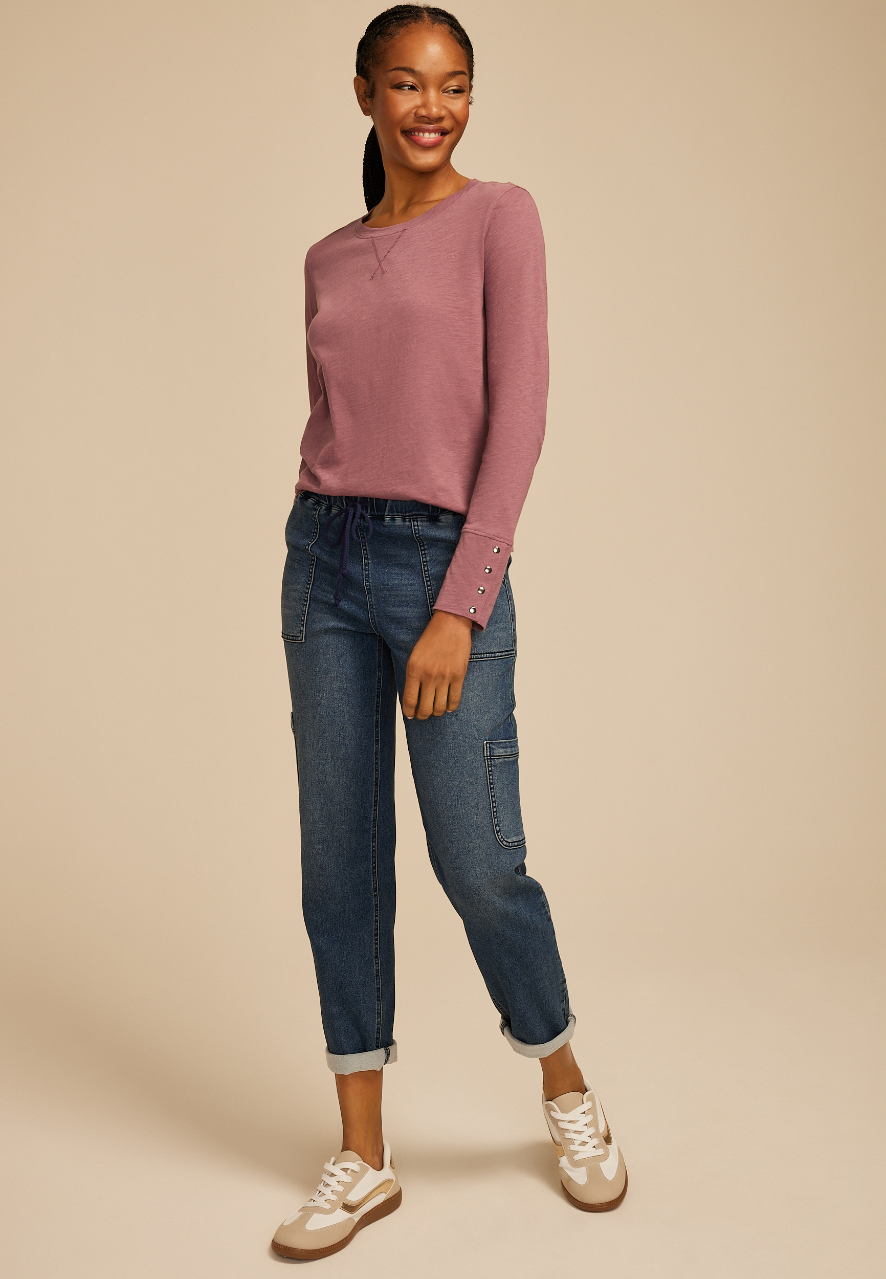 Solid Long Sleeve Snap Button Cuff Top, C6578, large
