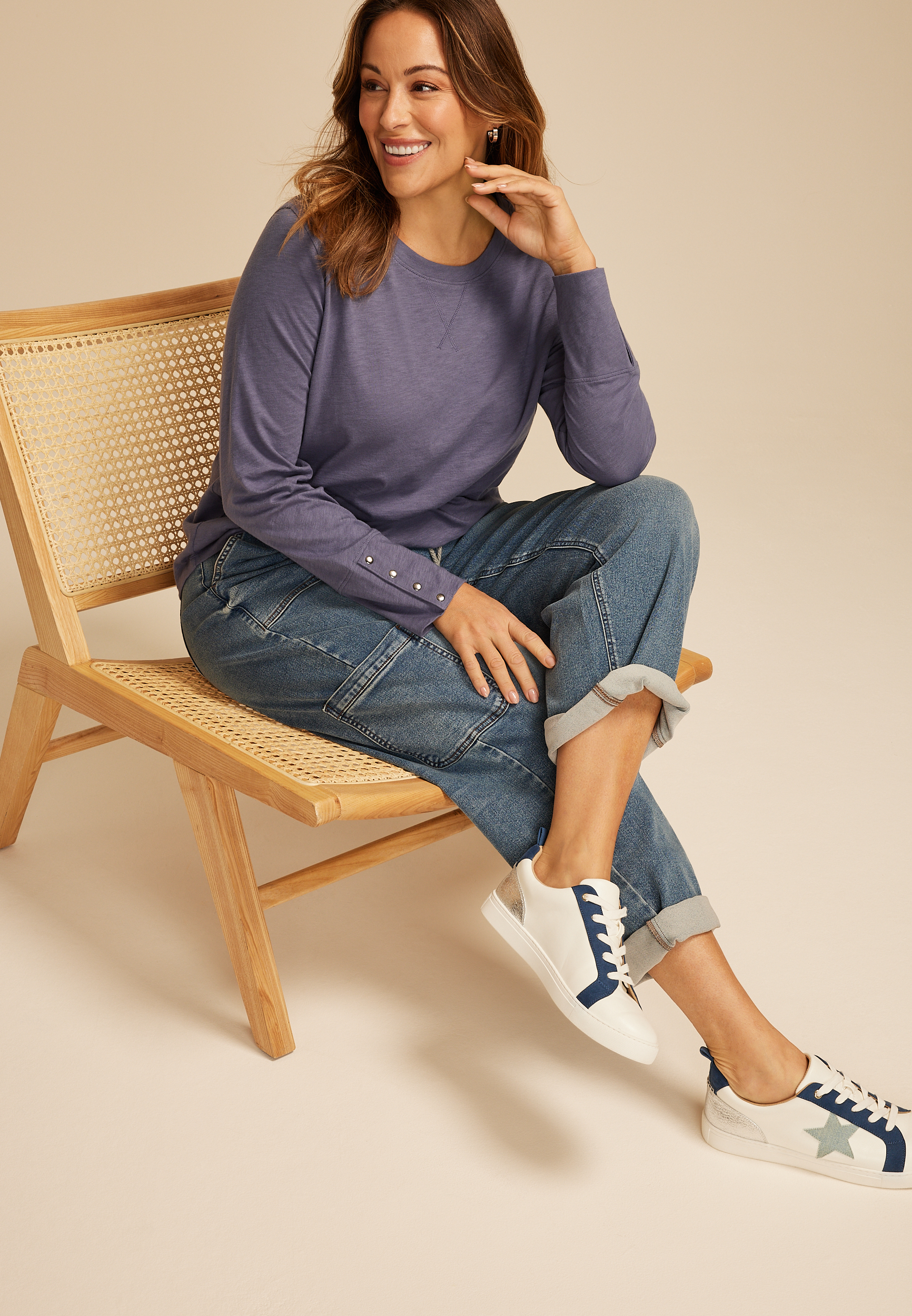 Plus Size Solid Long Sleeve Snap Button Cuff Top
