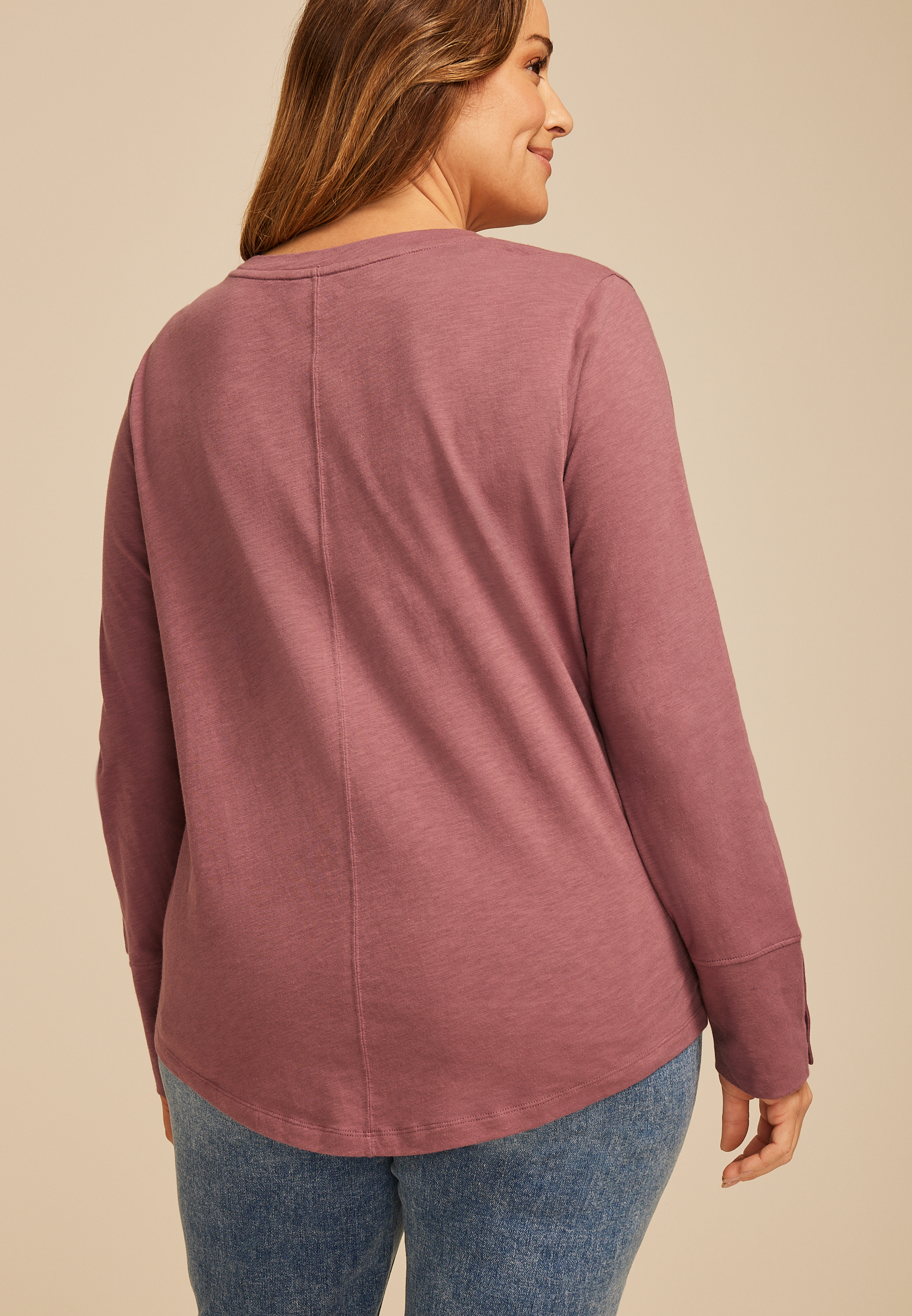 Plus Size Solid Long Sleeve Snap Button Cuff Top, ROSE BROWN, large