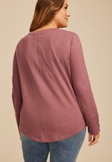 Plus Size Solid Long Sleeve Snap Button Cuff Top, ROSE BROWN, small