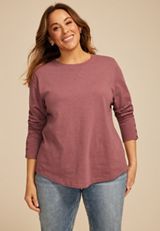 Plus Size Solid Long Sleeve Snap Button Cuff Top, ROSE BROWN, small