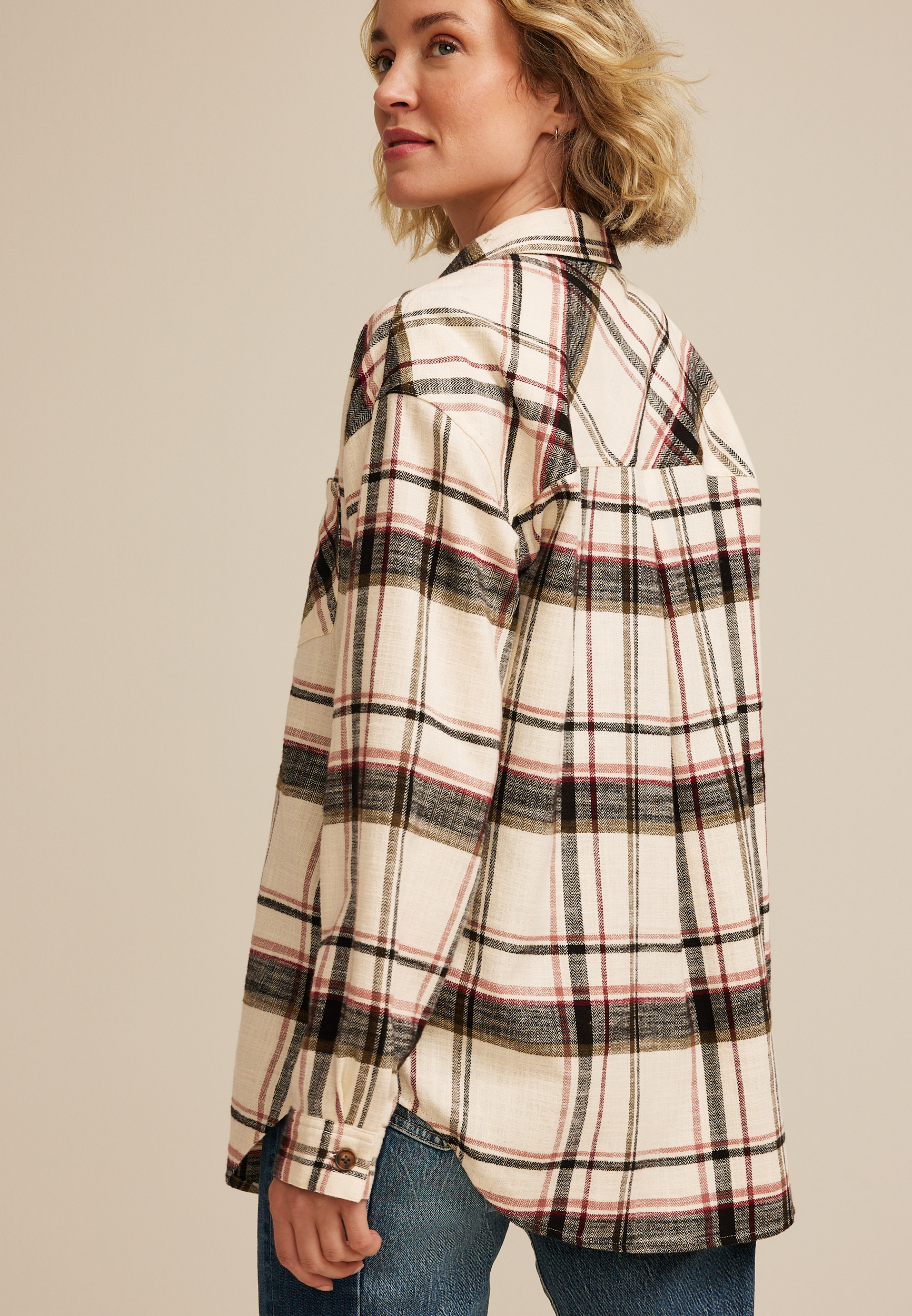 Cabin Plaid Boyfriend Tunic Button Down Shirt