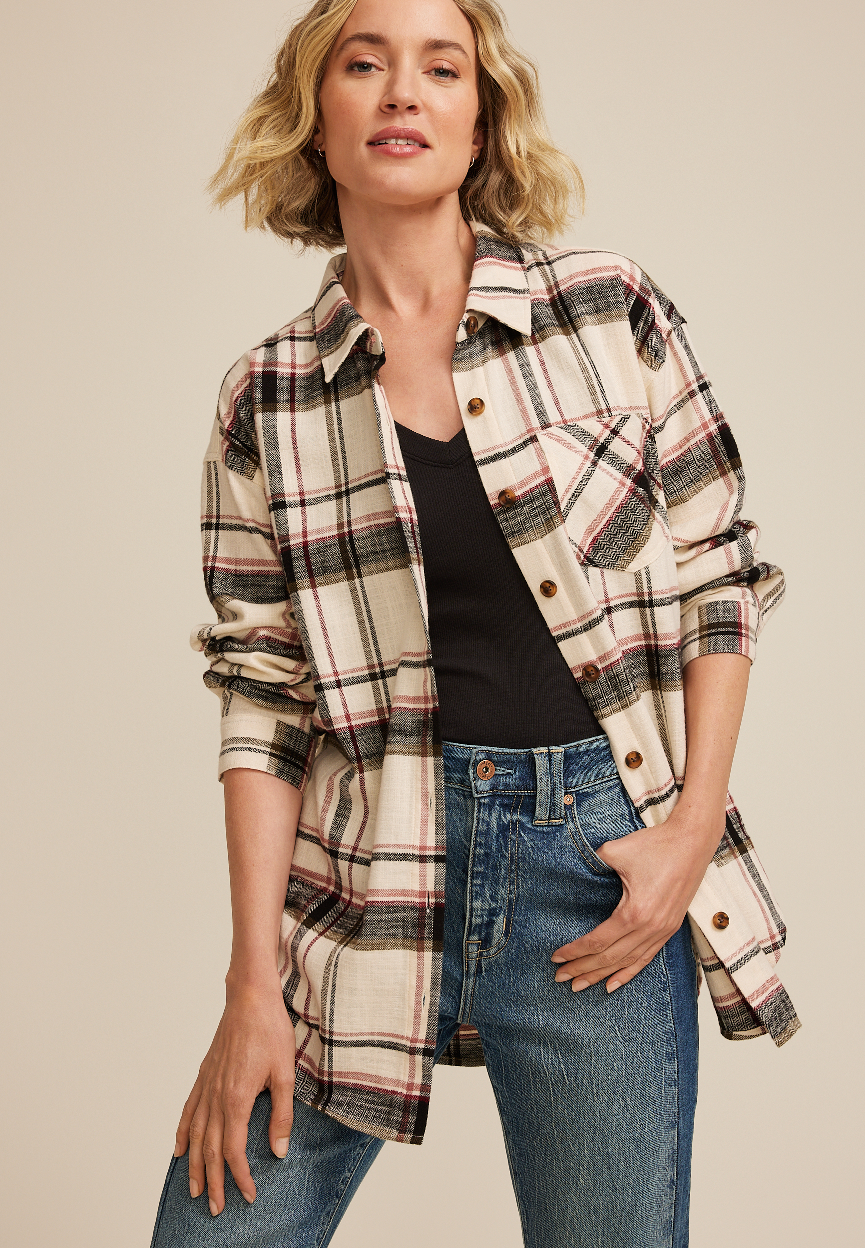 Cabin Plaid Boyfriend Tunic Button Down Shirt