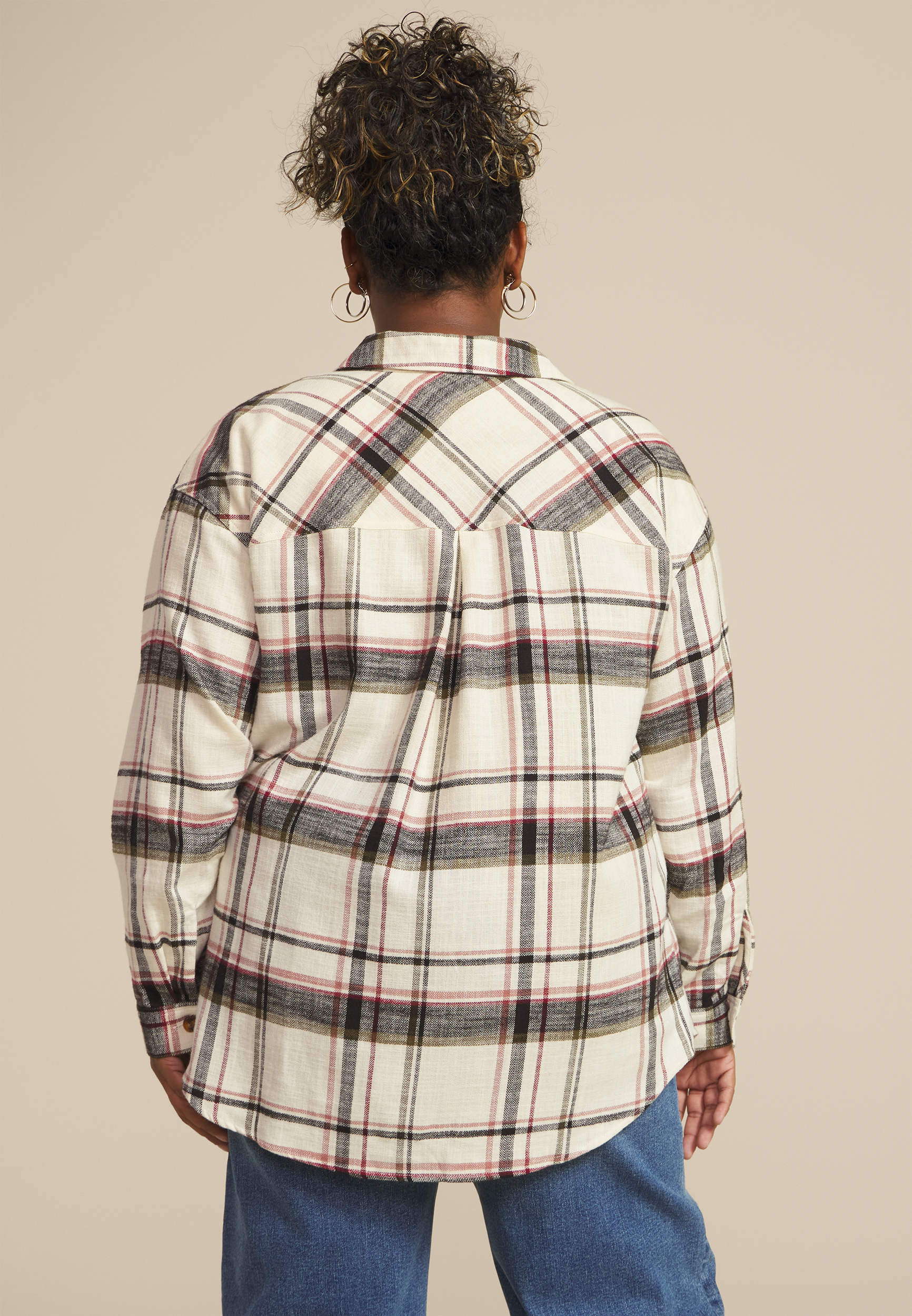 Plus Size Cabin Plaid Boyfriend Tunic Button Down Shirt, C4563, large