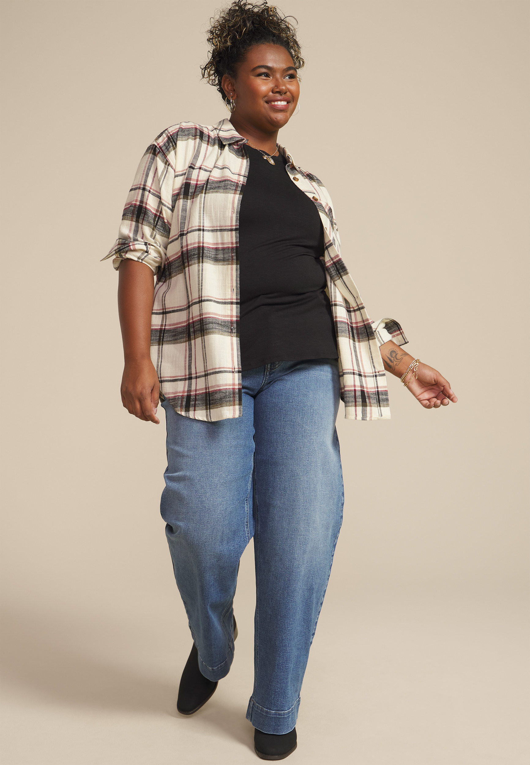 Plus Size Cabin Plaid Boyfriend Tunic Button Down Shirt, C4563, large