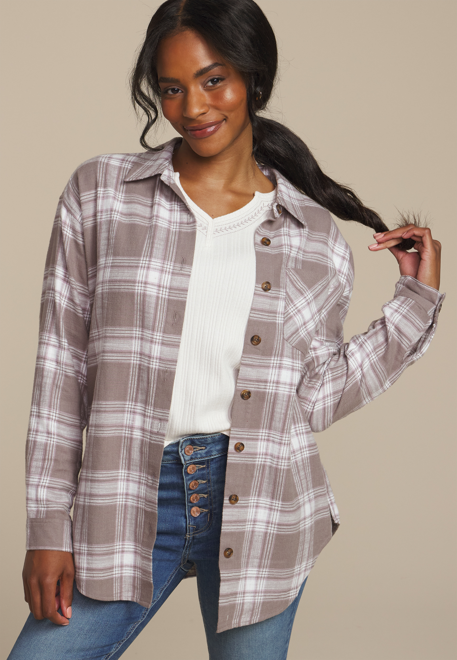 Cabin Plaid Boyfriend Tunic Button Down Shirt