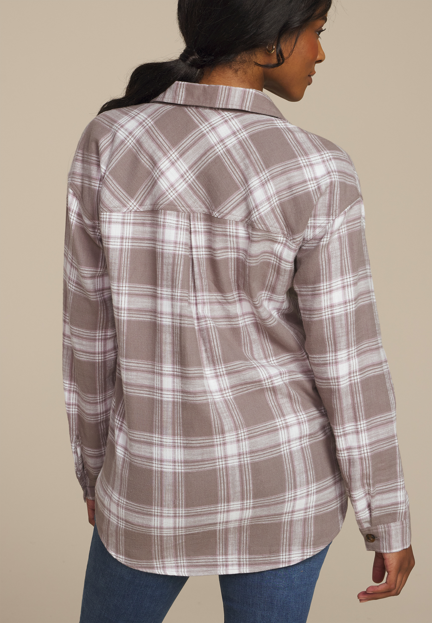 Cabin Plaid Boyfriend Tunic Button Down Shirt, ASHWOOD COMBO, large
