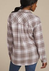Cabin Plaid Boyfriend Tunic Button Down Shirt, ASHWOOD COMBO, small